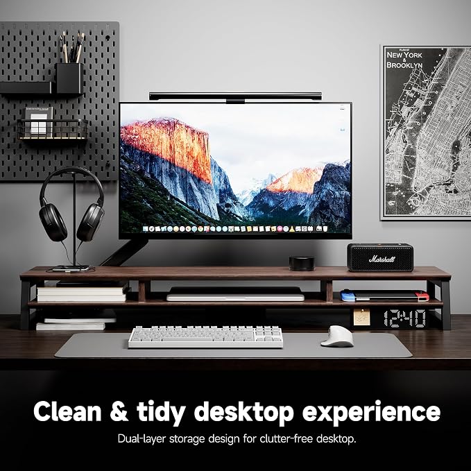 Dual Monitor Stand Riser for Desk, 41.7 Inch Large 2 Tier Computer Monitor Stand for 2 Monitors, Desktop Storage Organizer Shelf with Keyboard Space for Laptop PC Printer Brown - Image 3