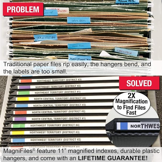 Ultimate Office MagniFile 2" Box-Bottom Hanging File Folders, Set 4 Black | Extra-capacity letter size + bungee for bulky files. 11" Magnified Lens DOUBLES The Size of File Titles to FIND FILES FAST. - Image 3