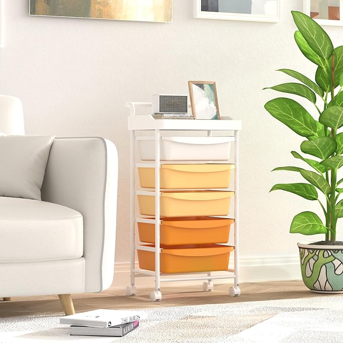 5 Drawers Plastic Rolling Storage Cart with Wheels, Teacher Supply | Orange, 32 inch, Skinny, Craft Art Organizer, Utility Cart, Home Office Bedroom Dorm Classroom Supply - Image 6