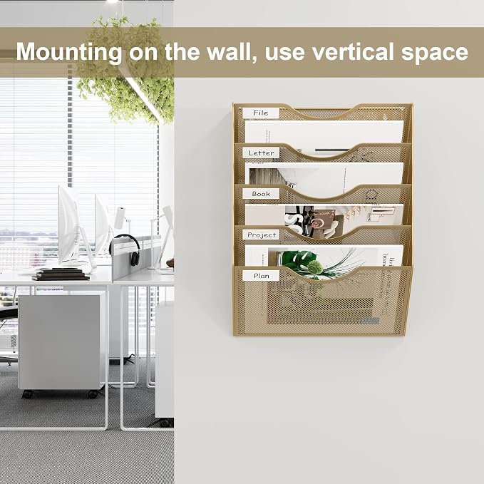 EasyPAG Wall File Organizer 5 Tier Hanging Paper Folder Holder, Zero Assembly Metal Mesh Wall Mounted Mail Organizer for Office Home Classroom Narrow Spaces, Gold - Image 4