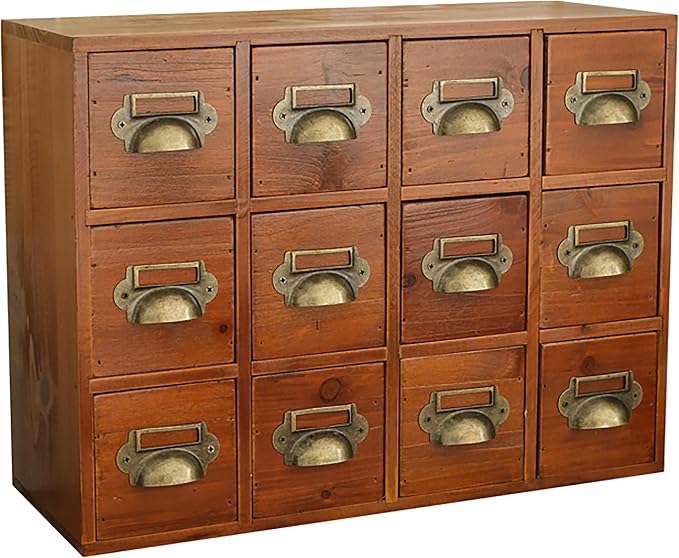 12-Drawer Apothecary Cabinet - Index Card Organizer - Mahogany Wooden Card Catalog - Fits Standard US 3x5in Index Cards - Vintage Desktop Drawer Organizer for Tea, Herbs, and Office Supplies by PrimoSupply