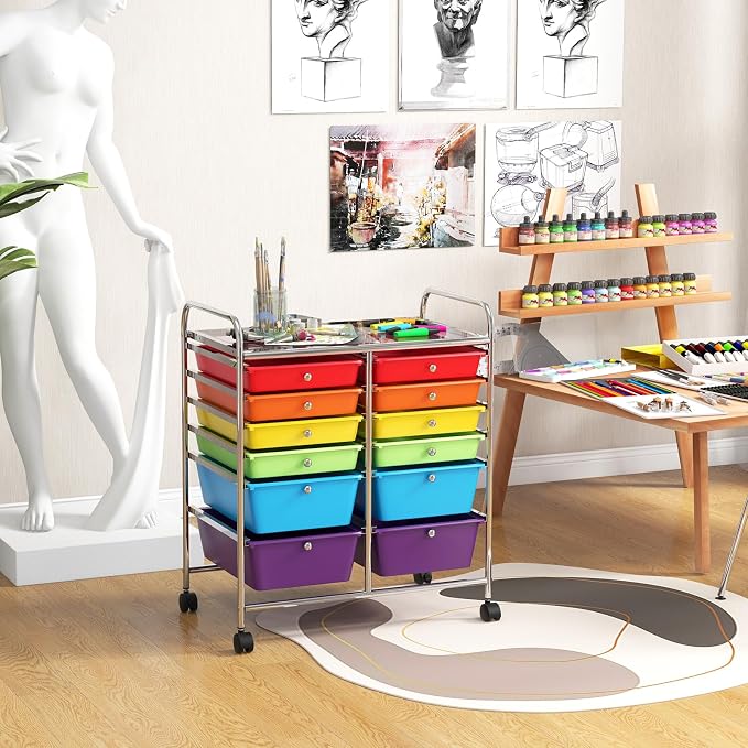 COSTWAY 12-Drawer Rolling Storage Cart, Moveable Art Craft Organizer | Lockable Wheels, Metal Shelf, Files Arrangement Tools Makeup Storage Cart for Office, Home, School (Multi-Color) - Image 2