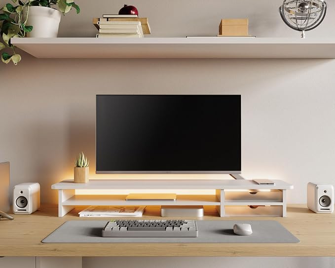 Fenge Monitor Stand, Desk Computer Riser with Frosted Storage Drawer, White | 42.5 Inch Dual Monitor Riser, 2 Tiers, Cable Management, Desk Shelf for 2 Monitors, Ultrawide Screen, Laptop, TV, Home Office - Image 5