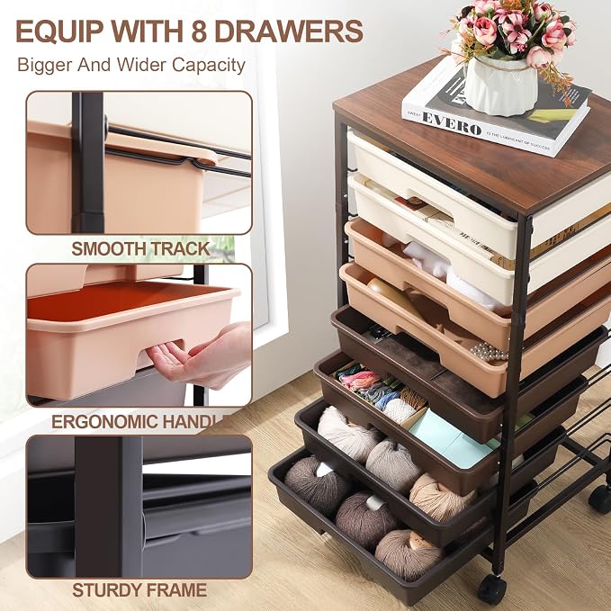 SYKIARIOL Rolling Cart with Drawers, 8 Drawers Utility Cart, Brown Gradient | Craft Organizers and Storage Cart with Wooden Top for Living Room,Classroom,Bedroom,Dorm,Home Office - Image 3