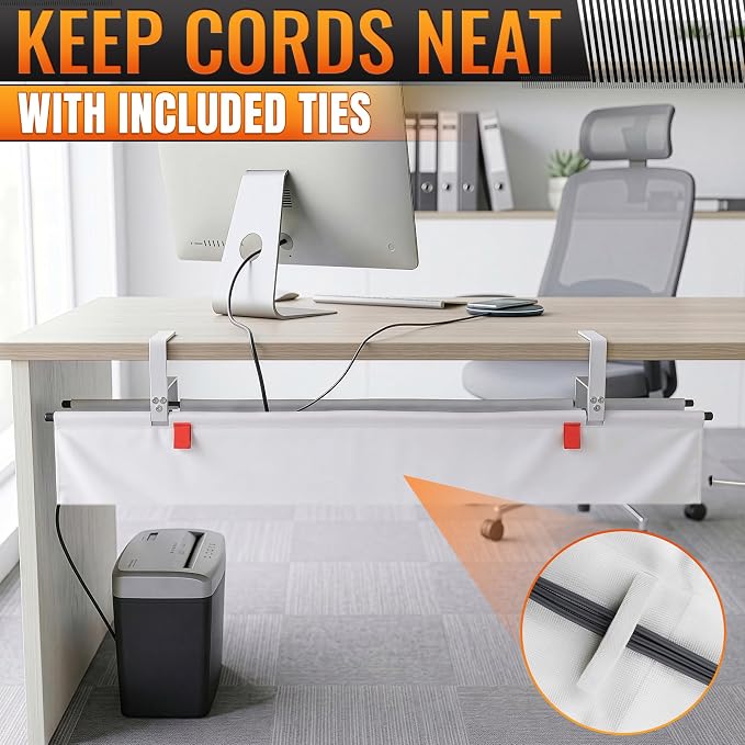 Under Desk Cable Management Tray 36" — No Drill Clamp-On Cord Organizer for Desk with Built-in Ties, Heavy Duty Metal Clamp, Foldable 600D Oxford Fabric for Home Office, WFH & Gaming PC Setup (White) - Image 9