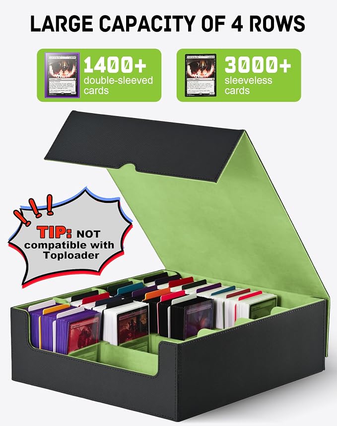 ZLCA Card Storage Box for MTG PTCG, Commander Deck Box Holds 3200+ Cards, Trading Card Storage Case with 4 Stoppers, Card Organizer for TCG Sport Cards(Black&Green) - Image 6