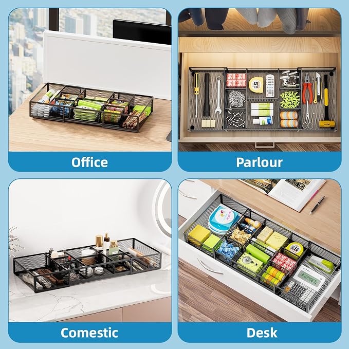 Marbrasse Expandable Desk Drawer Organizer, Mesh Drawer Organizer Tray with 10 Adjustable Compartments, Desk Organizers and Accessories for Office Supplies (Longer Expandable Drawer Organizer-B) - Image 4