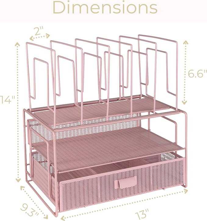 BLU MONACO | Pink Desk Organizer with Drawer | Wire Mesh Desk Organizer File Sorter | Metal Desktop Storage for Office Workspace - Image 7