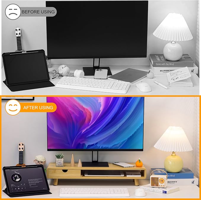 Homerays Monitor Stand with Drawer, Exquisite Computer Monitor Stand for Desk, Ergonomic Wood Monitor Stand Riser for Computer,Laptop,Printer,TV,Upgrade Bamboo - Image 4