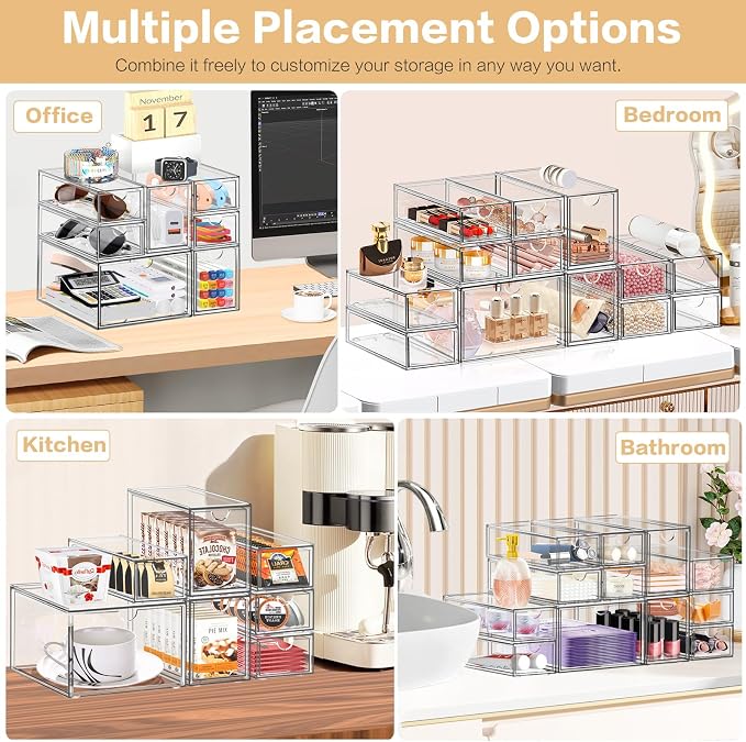 Desk Organizer with 7 Drawers, FODIENS 7 Packs Acrylic Stackable Desktop Storage Drawers Makeup Organizer, Clear Craft Storage Box Cabinets for Office Vanity Countertop Bathroom Bedroom - Image 6