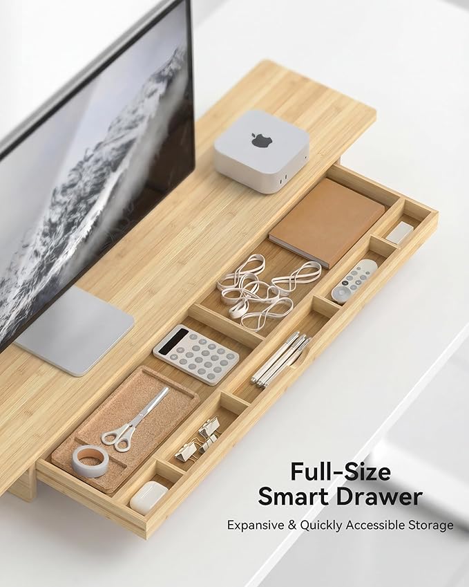 42" Dual Monitor Stand Riser with Large Drawer Keyboard Storage | Double Computer Monitor Riser Shelf for 55-72 Inch Desk Aesthetic Workplace Setup Desktop Organizer Bamboo - Image 3