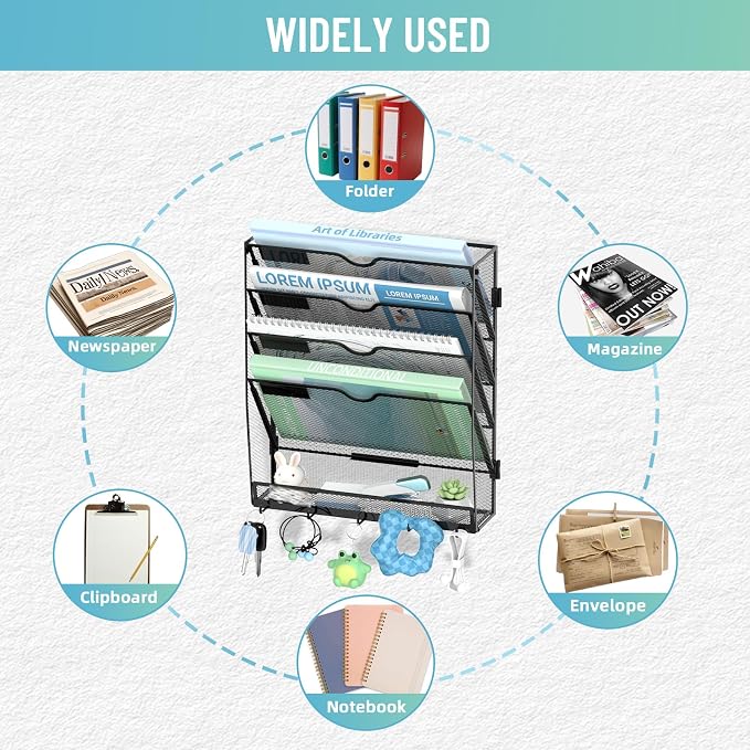 5-Tier Wall File Organizer with 5 Hooks, Wall Mounted Mail Organizer | File Holder Organizer, Metal Mesh Office Wall Organizer for Home, School & Classroom - Image 5