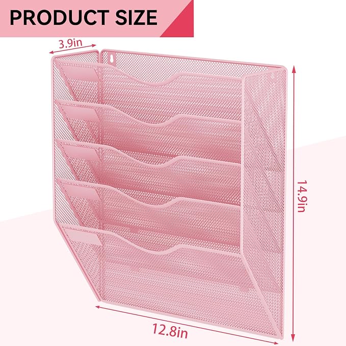 5 Pockets Hanging Wall File Organizer Mail Holder, Wall Mounted Paper Document Folder Holder, Clipboard Storage Organization Magazine Rack, Pink - Image 3