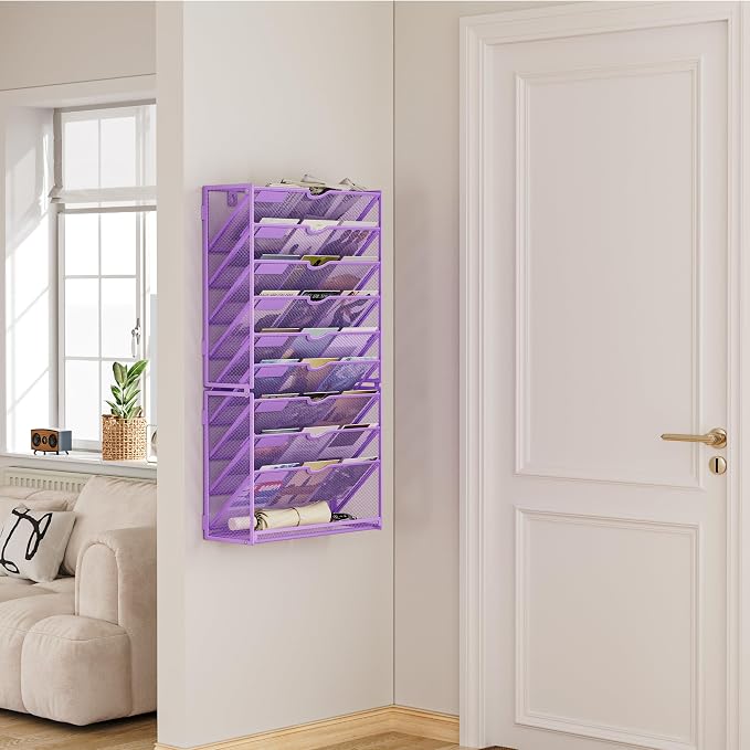 Lavatino Hanging Wall File Folders Organizer - 10-Tier Purple Metal Mesh Paper Magazine Document Mail Holder File Organizer for Office School Home Wall Mount or Desk Supplies Organization - Image 7