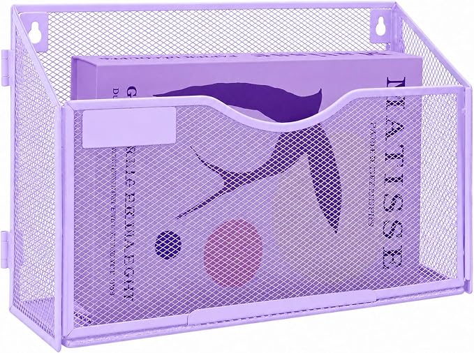 1 Pocket Mesh Wall File Holder Organizer Office Hanging File Folder Magazine Rack, Nametag Label Hooks Set Included (Purple) by ideallife