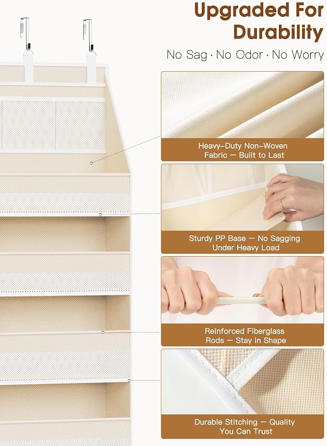 Over the Door Organizer, 6-Shelf Closet Hanging Storage with 13 Mesh Pockets, 55lbs Capacity Behind the Door Storage for Baby Nursery, Bathroom, Bedroom, and Dorm, Beige - Image 4