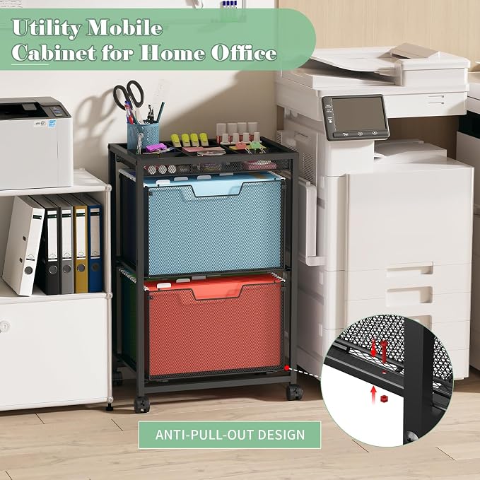 Rolling File Cart with 2 Drawers, Under Desk Storage Cabinet with DIY Divider, Letter/Legal Mobile Filling Cabinet on Wheels, Hanging File Folders Organizer, Metal Utility Cart for Home Office, Black - Image 3