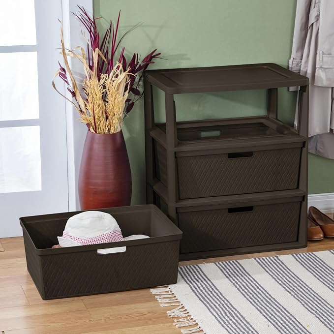 Brown Storage Drawer, 3 Drawer Plastic Weave Wide Tower with Pull Handles - Image 4