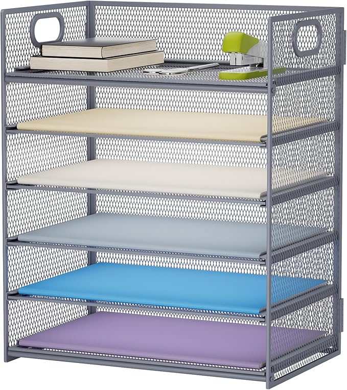 Marbrasse 6 Tier Paper Organizer Letter Tray - Mesh Desk File Organizer with Handle, Paper Sorter for Letter/A4 Office File Folder Holder - Grey by Marbrasse