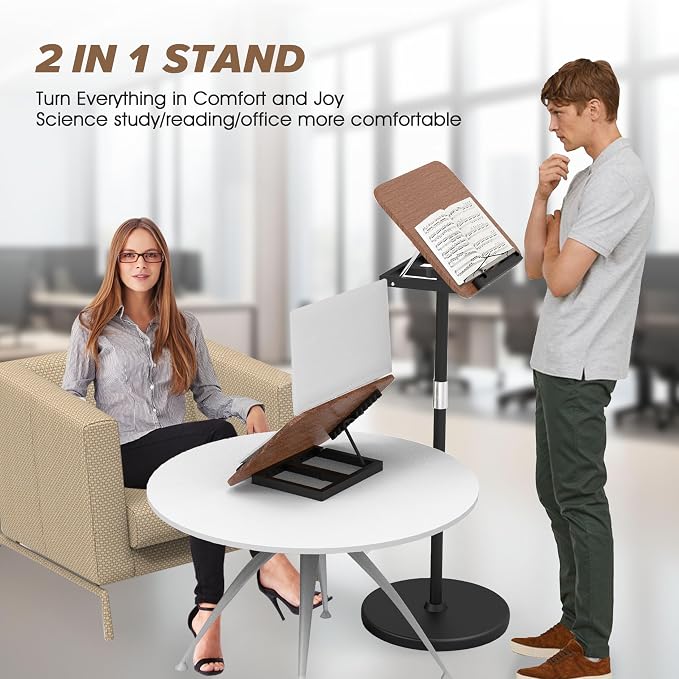 2 in 1 Adjustable Music Stand for Sheet Music, Dual Use Desktop and Floor, Book Stand with Tray & Elastic Page Clips for Music Sheet, Recipe, Tablet, Laptop Height Adjustable 23.5-52 in (Walnut) - Image 3