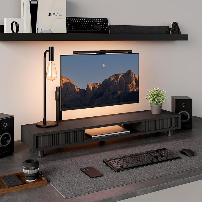 Fenge Dual Monitor Stand with Storage, Desk Shelf with Glass Sliding Door | Ergonomic Height Adjustment, 42.5in Monitor Shelf, 2-Tier Monitor Riser, Desk Organizer for Screen, PC, Laptop, Balck - Image 2
