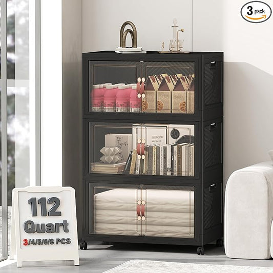 336QT Lockable Storage Bins with Lids - Stackable Storage Cabinet with Doors and Wheels, Collapsible Plastic Organizer and Containers for Bedroom Dorm Office Garage, 3 Pack Cubes | Stackable Organizer with Doors & Wheels, Foldable Containers for Bedroo... by UAMFURIDirect