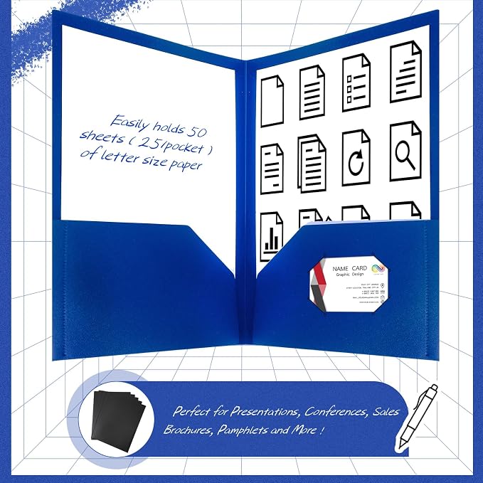 Patelai 50 Pack Plastic Folders with Pocket Bulk 2 Pocket Heavy Duty Letter Size Folders Business Card Holder for School Office File(Blue) - Image 3