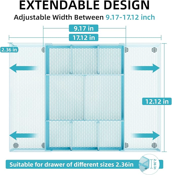 Marbrasse Expandable Desk Drawer Organizer, Mesh Drawer Organizer Tray with 10 Adjustable Compartments, Desk Organizers and Accessories for Office Supplies, Makeup & Vanity (Expandable-Blue) - Image 2
