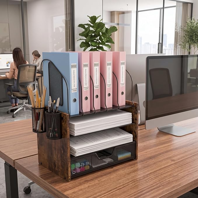 Wood Desk Organizer - 4-Tier Desktop File Organizer with Drawer, Wooden Paper Tray, Vertical File Holders & 2 Pencil Holders - Office Desk Organizer for Papers, Mail, Notebooks, Stationery - Image 6