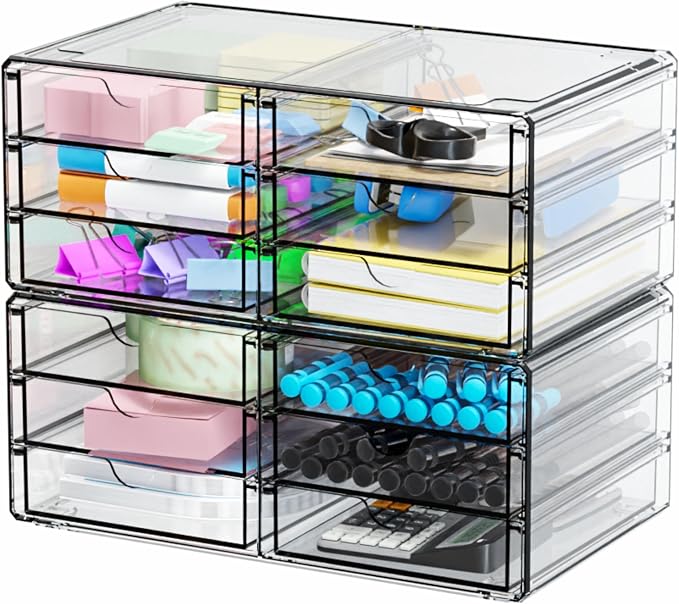 2 Pack Acrylic Storage Drawers With 12 Small Drawer,Stackable Office Cabinet Organizer and Makeup Organizer,Clear Plastic Drawers for Craft Supply,Pen,Stationary,Accessory,Makeup,Desk Organizer - Image 6