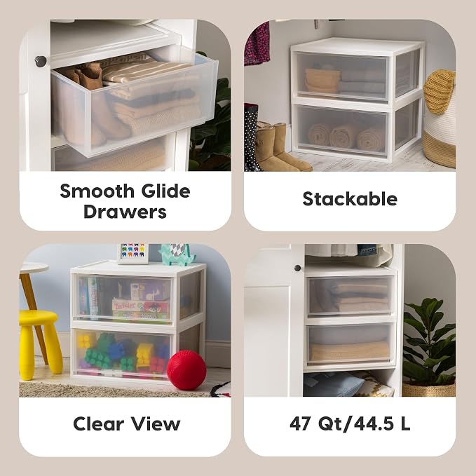 IRIS USA 2-Pack, 47 Qt. Extra Large Stacking Drawer with Clear Door, White | Store shoes, clothing, linens, pantry items, and household essentials with organized storage for everyday needs - Image 4