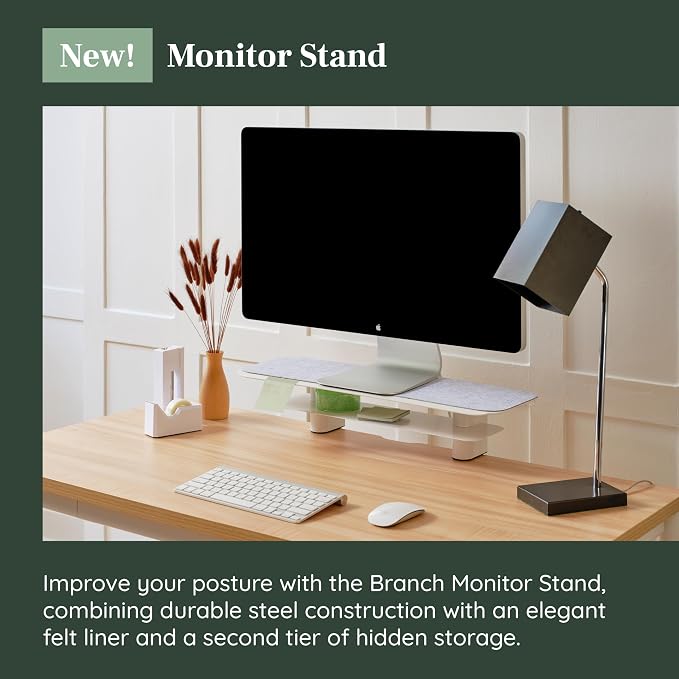 Branch Monitor Stand, Small Monitor Riser Second Tier Storage | Elegant, Durable Powder-Coated Steel Stand with Soft Felt Liner, White - Image 2