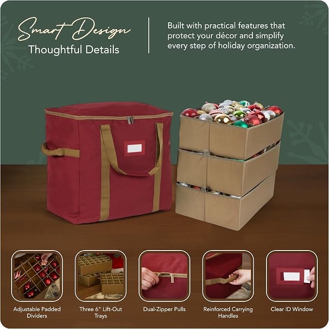 Covermates Keepsakes Adjustable Ornament Storage Bag – Heavy-Duty Polyester, Padded Dividers & FlexGrid Trays – Protective Holiday Ornament Organizer with Handles & Label Window, Red - Image 4