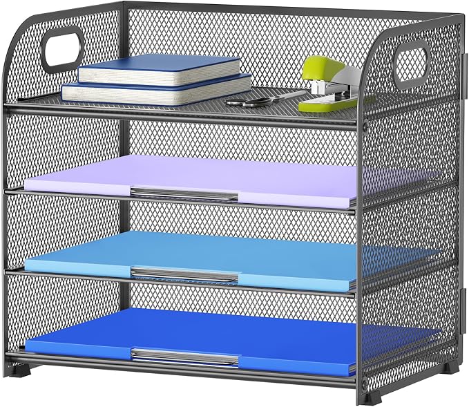 Marbrasse 4 Tier Paper Organizer Letter Tray - Mesh Desk File Organizer with Handle, Paper Sorter Organizer for Letter Office File Folder Holder (Grey, 12.6" x 9.1" x 10.7") by Marbrasse