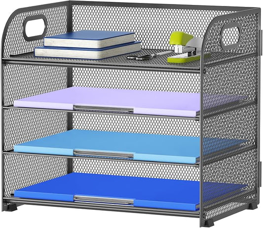 Marbrasse 4 Tier Paper Organizer Letter Tray - Mesh Desk File Organizer with Handle, Paper Sorter Organizer for Letter Office File Folder Holder (Grey, 12.6" x 9.1" x 10.7") by Marbrasse