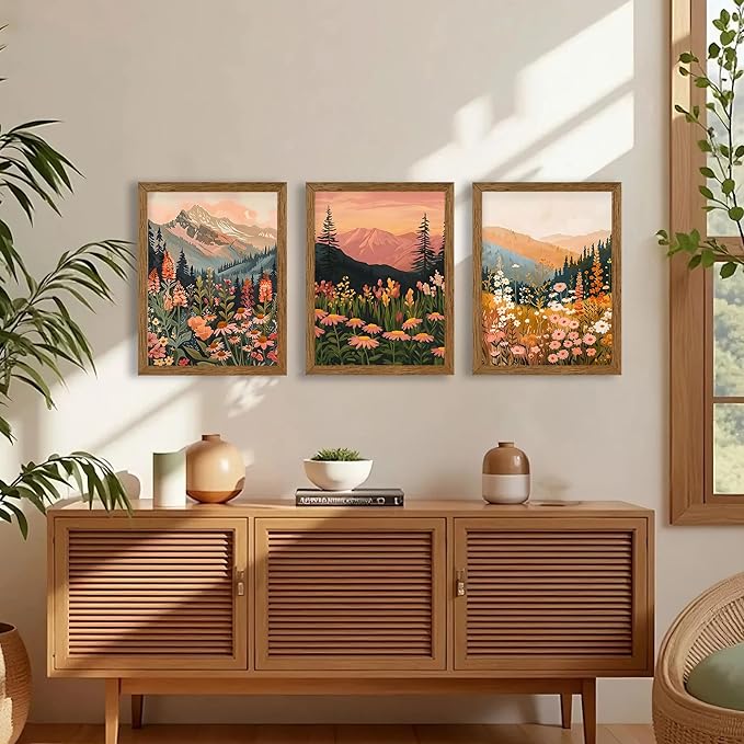 InspiredHues Colorful Landscape Boho Canvas Wall Art Set, 3 Piece Wildflower Mountain Wall Decor, Vintage Floral Rustic Nature Artwork Prints for Living Room Bedroom Office 12x16 Inch Wood Framed