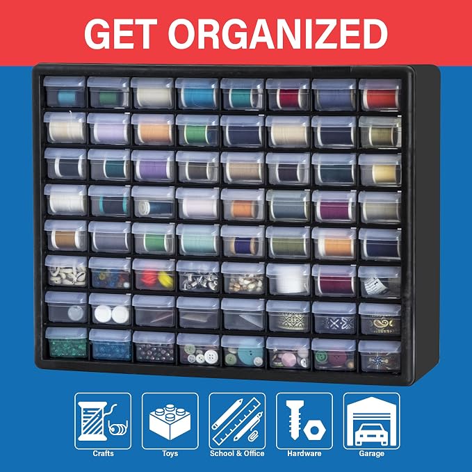 Akro-Mils 64-Drawer Plastic Storage Cabinet, 20" W x 6" D x 16" H, Black | Plastic Cabinet w/ Drawers for Garage Organization, Beads, Building Bricks Storage, Teacher Toolbox, Makeup Organizer, 10164 - Image 4