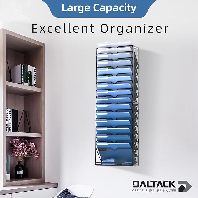 DALTACK Wall File Holder 16 Tier Hanging Wall File Organizer, for Papers Mails Folders Clipboard Magazine Organization for Office Home School Classroom, Mesh Metal, Assembly Needed, Black - Image 7