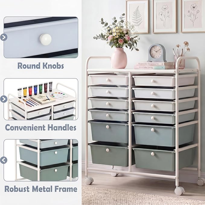GOFLAME 12-Drawer Rolling Storage Cart, Multipurpose Organizer with 2 Sizes Plastic Drawers, Mobile Utility Cart with Lockable Casters for Home, Office, Beauty Salon, School, Green Gradient - Image 7