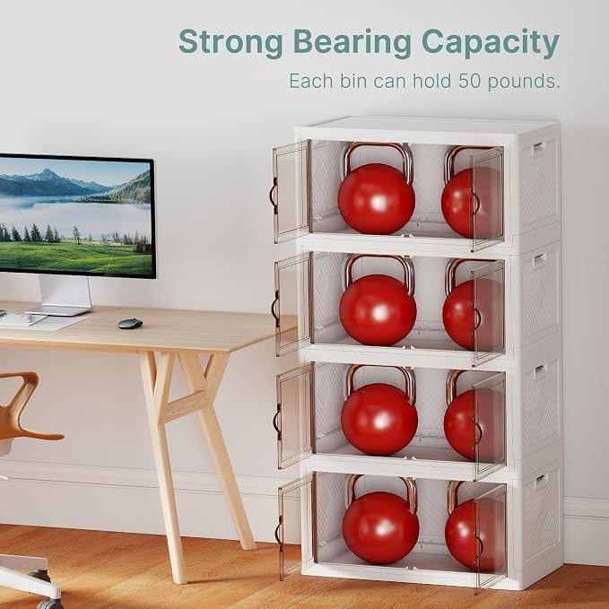 448QT Lockable Storage Bins with Lids - Stackable Storage Cabinet with Doors and Wheels, Collapsible Plastic Organizer and Containers for Bedroom Dorm Office Garage, 4 Pack Cubes | Stackable Organizer with Doors & Wheels, Foldable Containers for Bedroo... - Image 6