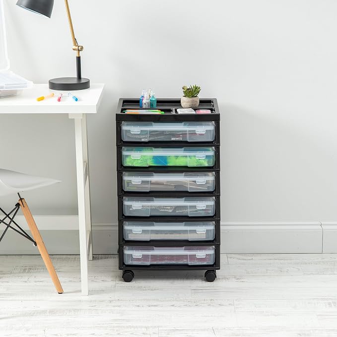 IRIS USA Rolling Cart with Drawers |Made in USA| 6-Tier Cases - Black/Clear | Fits 12"x12" Paper, Built-In Handles, Storage Unit with Supply Top for Craft, Art, Office Supplies, Pens & Pencils - Image 7