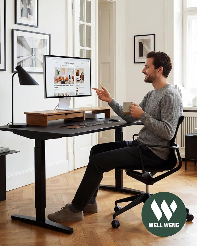 42” Monitor Stand with Large Drawer Keyboard Storage,Dark Bamboo | dual Computer monitor riser shelf for 55-72 inch desk aesthetic workplace computer setup desktop organizer easy assembly - Image 2