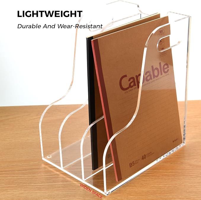3 Vertical Compartments File Holder, Clear Acrylic Desk Organizer and Storage Bins Holding for Magazines, Binders, Notebooks, Envelopes, Multi-purpose Document Organizer for Home Office - Image 5