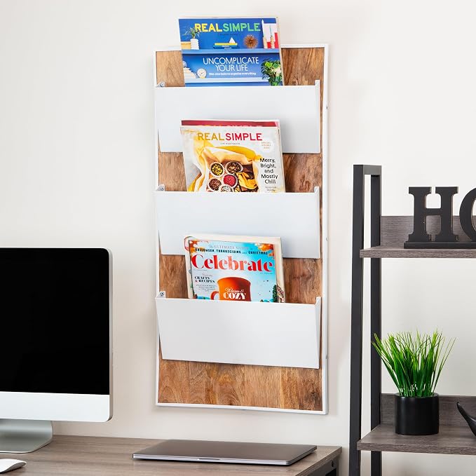 Mind Reader 3-Tier Wall-Mounted File Organizer, Wood and Metal Vertical Rack for Mail, Magazines, and Documents, Metal, Wood, White - Image 6