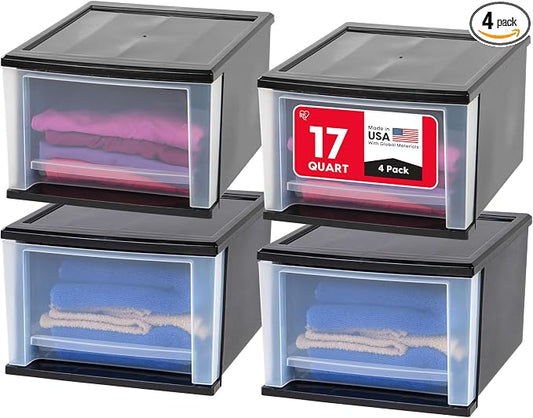 IRIS USA 4-Pack, 17 Qt. Medium Stacking Drawer Storage Organizer, Black | Organize clothing, accessories, office supplies, and everyday essentials around your home for a clutter-free space by IRISUSA