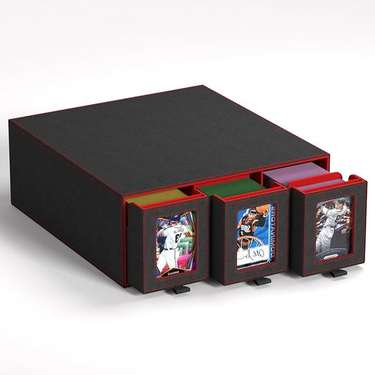 3-Drawer Trading Card Storage Box Holds 2500+ Cards(Red) | Stackable design,15 dividers included,Desktop card organizer,PU leather material‌,for sports/TCG/MTG/Pokemon cards by Unknown
