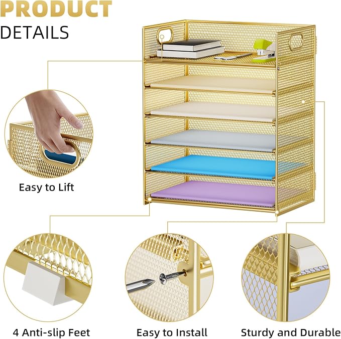 Marbrasse Paper Letter Tray Organizer - 6 Tier Mesh File Organizer with Handle, Paper Sorter Organizer for Letter/A4 Office File Folder Holder - Gold - Image 3