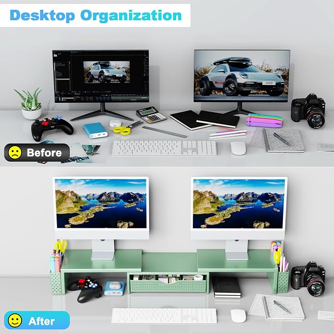 Spacrea Metal Desk Organizers and Accessories, Dual Monitor Stand Riser with Drawer and 2 Pen Holders, Book Racks, Desk Accessories & Workspace Desktop Organizers for Office Supplies (Sage Green) - Image 3
