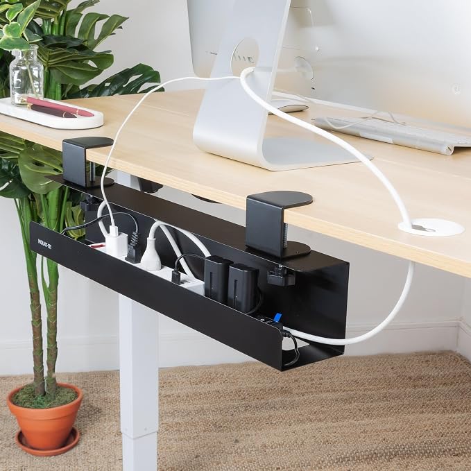 Mount-It! Under Desk Cable Management Tray – Clamp-On No-Drill Metal Cable Management Tray for Desk & Standing Desk, Wire & Cord Organizer for Power Strips, Glass Desks – 23.6” Black - Image 6