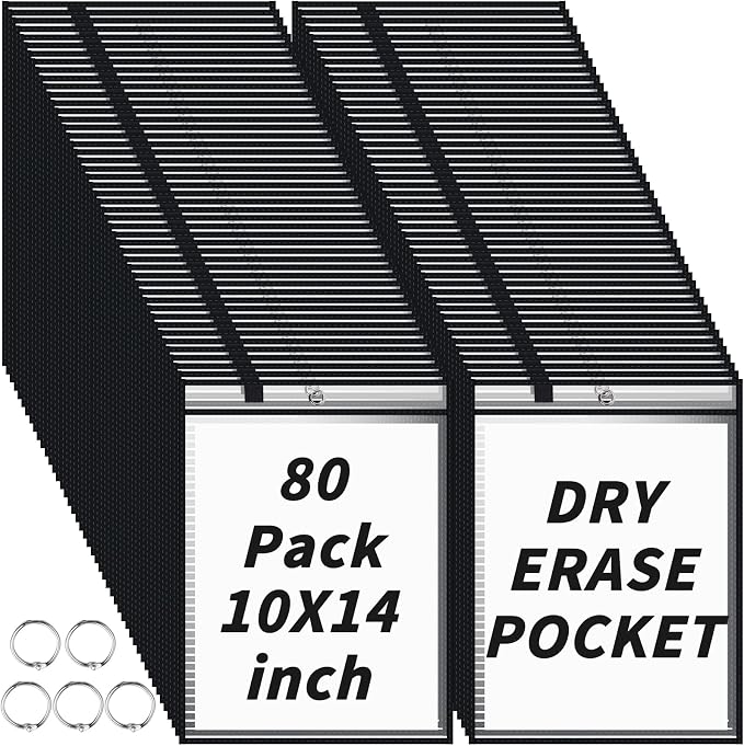 80 Packs Dry-Erase Pockets Bulk Oversized Reusable Dry Erase Pocket Sleeves with 5 Rings, 10x14 Black Ticket Holders, Clear Plastic Sheet Protectors, Teacher School Classroom Supplies - Image 8